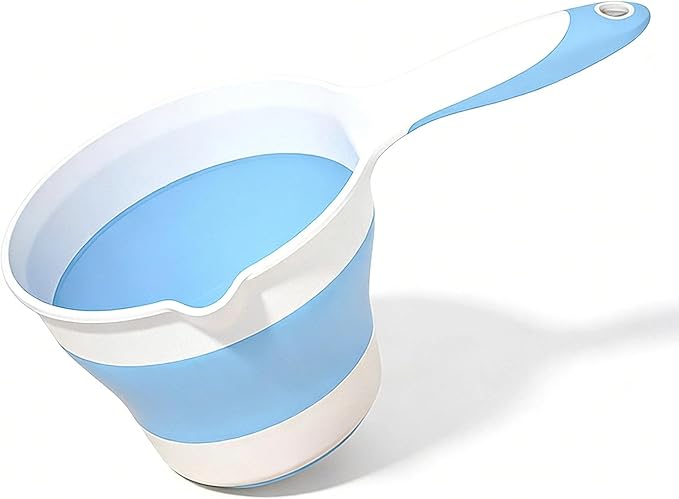 Premium Silicone Bath Rinse Cup & Water Pourer - Large Capacity Blue and White Bath Cup for Rinsing Hair, Shower Hair Washing Mug, Pet Bathing, and Travel