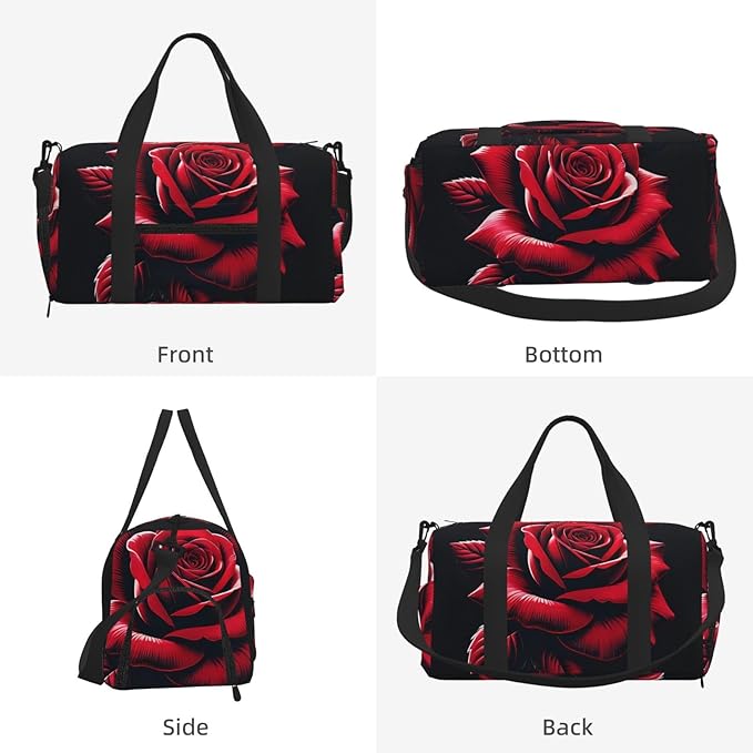 Romantic Red Rose Print Gym Bag with Shoe Compartment for Women Men, 17.7in Sports Duffle Weekender Tote, Overnight Travel Duffel Bag Carry On