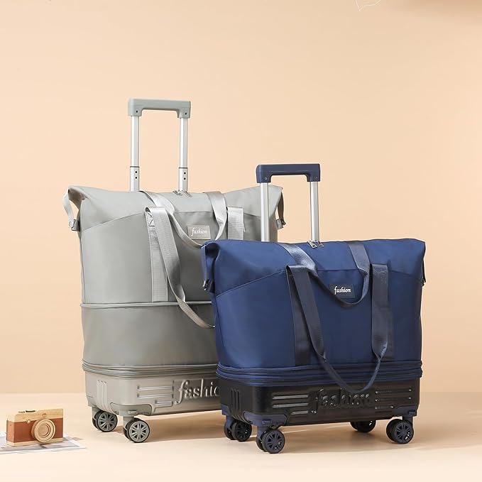 Rolling Duffle Bag with Wheels and Handle, Expandable Foldable Travel Bag - Wheeled Carry On Luggage, Collapsible Suitcase for Weekend Trips, Gym, Large Capacity & Waterproof (Blue)