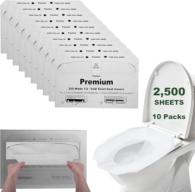 Disposable Toilet Seat Cover(2500Pcs, 10 Packs of 250), Disposable Toilet Seat Covers Flushable, Paper Toilet Seat Liners for Public, Commercial Wall Dispenser, 16.7 x 14.2in Half-Fold