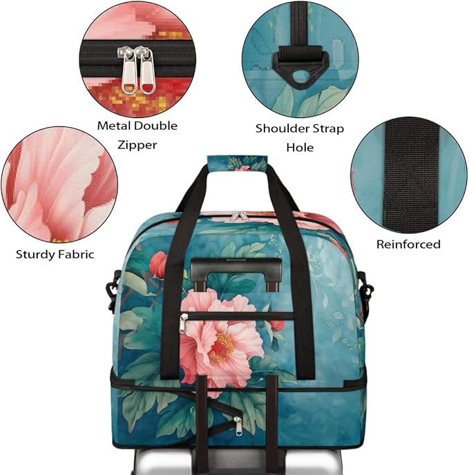 Pink Flowers Green Leaves Large Weekender Bag with Shoe Compartment Travel Duffel Bags for Women Carry On Hospital Overnight Bag Foldable Personal Item Travel Bags Tote Gym Sports Airplanes
