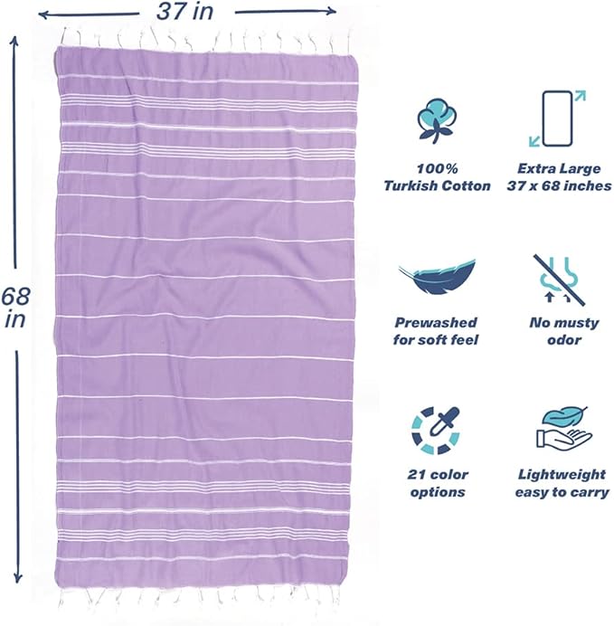 Hencely Turkish Beach Towel 37x68 Oversized, Sand-Free, Quick-Dry, Lightweight - Travel Essential for Pool & Bath - Striped 100% Cotton Bathroom Towels Accessories Gift (Lilac)