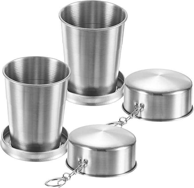 2 Pack Stainless Steel Collapsible Travel Cup, 5oz(150ml) Reusable Collapsible Metal Cup Portable Foldable Water Bottle with Lid and Keychain for Travel/Camping/Hiking