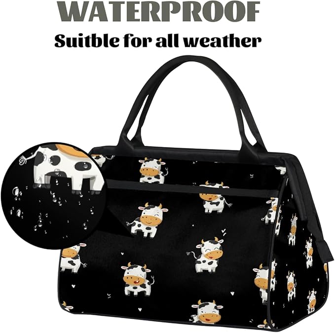 Gym Bag for Women Men, Cute Cartoon Black Cow Sports Duffel Bags, Waterproof Travel Weekender Overnight Carry On Tote Bags for Travel Sports