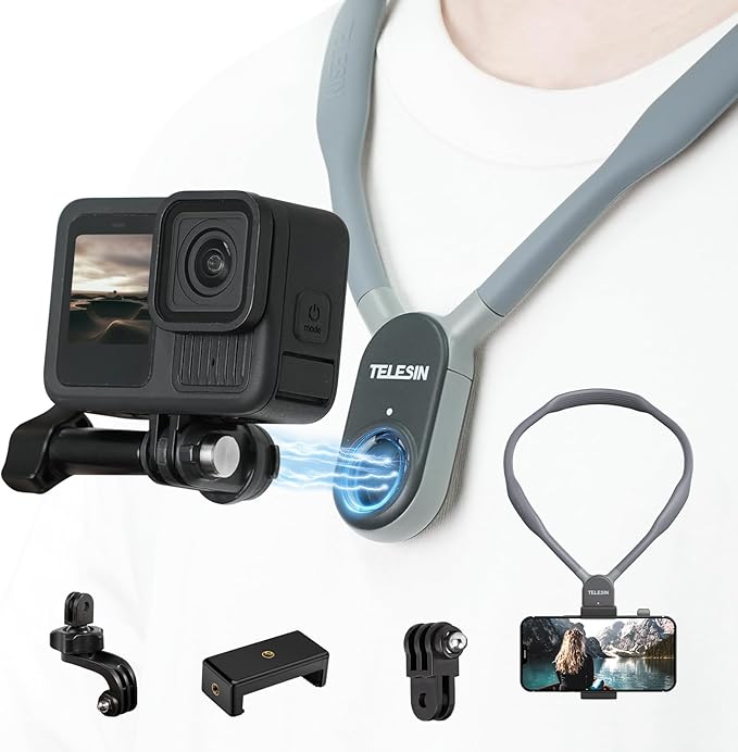 TELESIN Plus Magnetic Neck Mount for Go Pro Phone Holder, Quick Release POV Video Vlog Flexible Angle Necklace Holder for GoPro Hero 13-5 Insta360 X5 X4 X3 Osmo Nano Action 3 4 5 Pro 6 iPhone Android