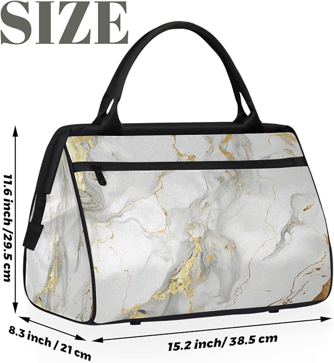 Overnight Weekender Bags for Women Men, White Gold Marble Print Waterproof Travel Carry On Duffel Bag, Lightweight Sports Gym Bag for Fitness, Workout, Travel