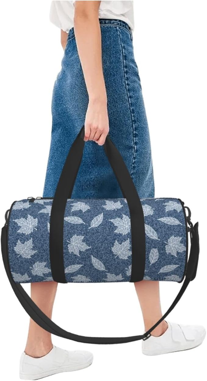 Elegant Maple Leaf Denim for Duffle Bag, Waterproof Large Duffle Bag, Weekender Bag, Gym Bag, Sports Bag, Overnight Bag