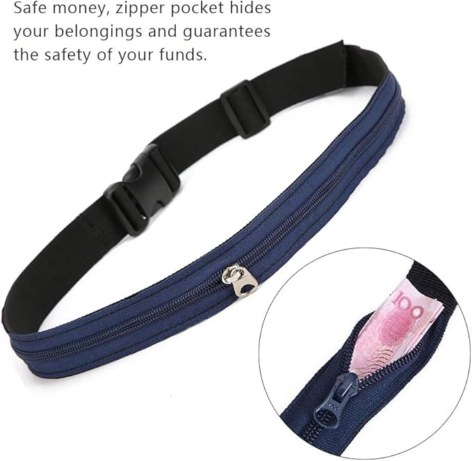 Anti Theft Money Belt with Zippered Concealed Pocket, Sports Waist Bag for Running Outdoor Travel, Black Polyester Wallet Belt with Secure Release Buckle for Men Women (3CM)