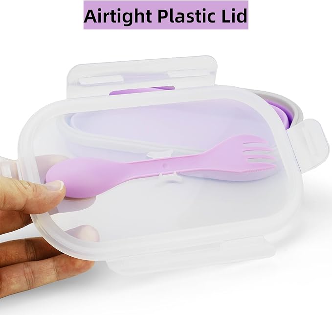 Collapsible Silicone Lunch Box with Lid and Spork, Leakproof Foldable Bento Box for Meal Prep, Travel, Camping, Microwave and Dishwasher Safe, 8.1 x 5.1 x 2.8 inches, Purple