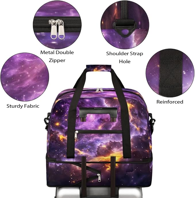 Purple Gold Abstract Nebula Large Weekender Bag with Shoe Compartment Travel Duffel Bags for Women Carry On Hospital Overnight Bag Foldable Personal Item Travel Bags Tote Gym Sports Airplanes