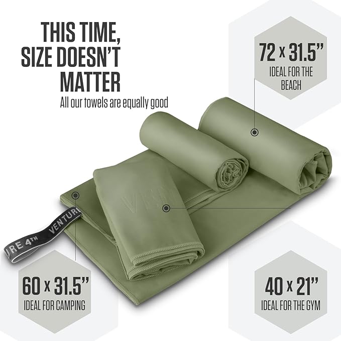 VENTURE 4TH Quick Dry Towel. Microfiber Travel Towel Ideal for Camping, Hiking, Backpacking, Gym. Lightweight & Fast Drying Travel Towels for Body. Compact & Easy to Pack - Army Green Large