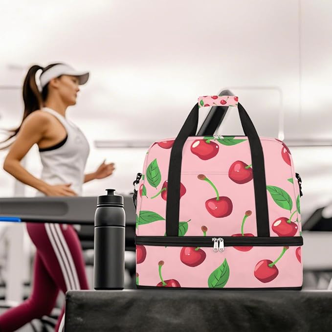 Pink Fruit Cherry Large Weekender Bag with Shoe Compartment Travel Duffel Bags for Women Carry On Hospital Overnight Bag Foldable Personal Item Travel Bags Tote Gym Sports Airplanes
