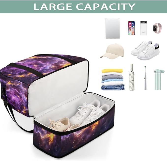 Purple Gold Abstract Nebula Large Weekender Bag with Shoe Compartment Travel Duffel Bags for Women Carry On Hospital Overnight Bag Foldable Personal Item Travel Bags Tote Gym Sports Airplanes