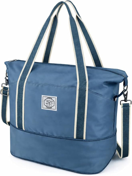 WALNEW Travel Duffel Bag, Weekender Overnight Carry On Bag for Women Men, Foldable Waterproof Gym Luggage with Metal Buckle Detachable Shoulder Strap and Wet Compartment (Peacock Blue)