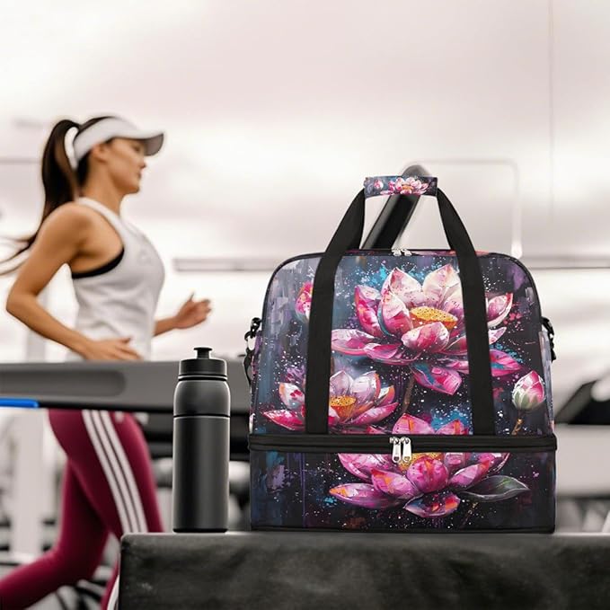 Pink Oil Painting Lotus Large Weekender Bag with Shoe Compartment Travel Duffel Bags for Women Carry On Hospital Overnight Bag Foldable Personal Item Travel Bags Tote Gym Sports Airplanes