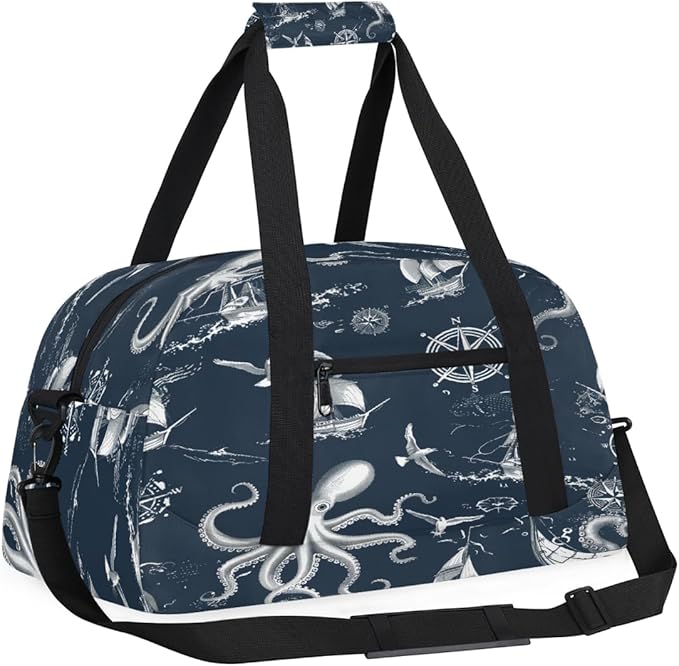 Sports Duffel Bags, Nautical Octopus Boat Water-Resistant Gym Duffle Bag for Men Women, Lightweight Weekender Overnight Bag for Fitness, Workout, Travel
