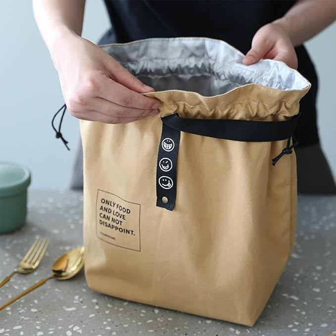 Canvas Drawstring Lunch Bag Insulated Lunch Tote Japanese Style Bento Tote Bag Reusable Lunch Bag Insulated Handbag Tote bag with Handle and Drawstring Closure for Women Work Picnic or Travel(BLACK)