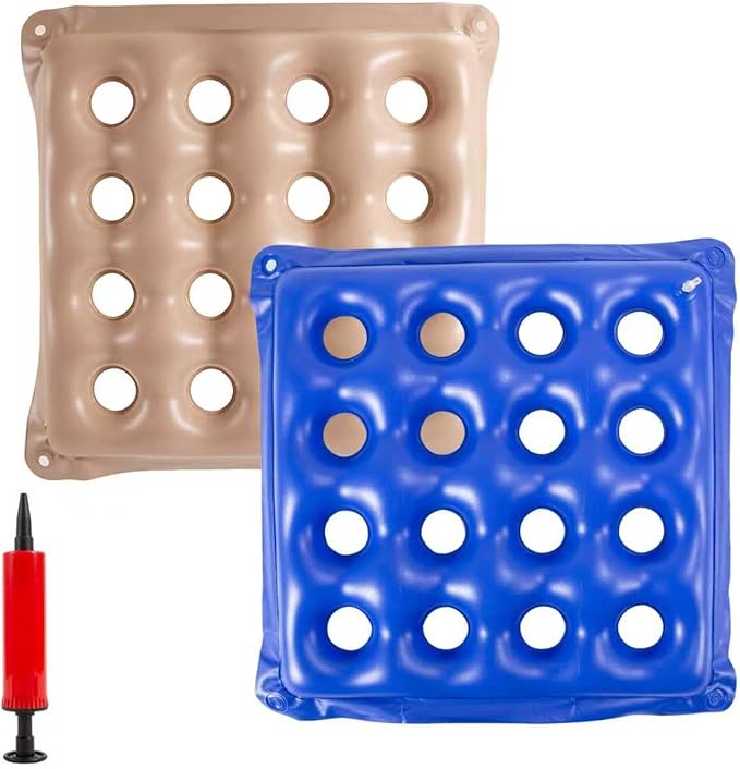 2-Pack Waffle Inflatable Seat Cushions with Pump, 18 Inch Beige 16-Hole Air Cushion for Pressure Relief, Wheelchair, Office Chair, Car Seat & Travel (Blue&Beige)