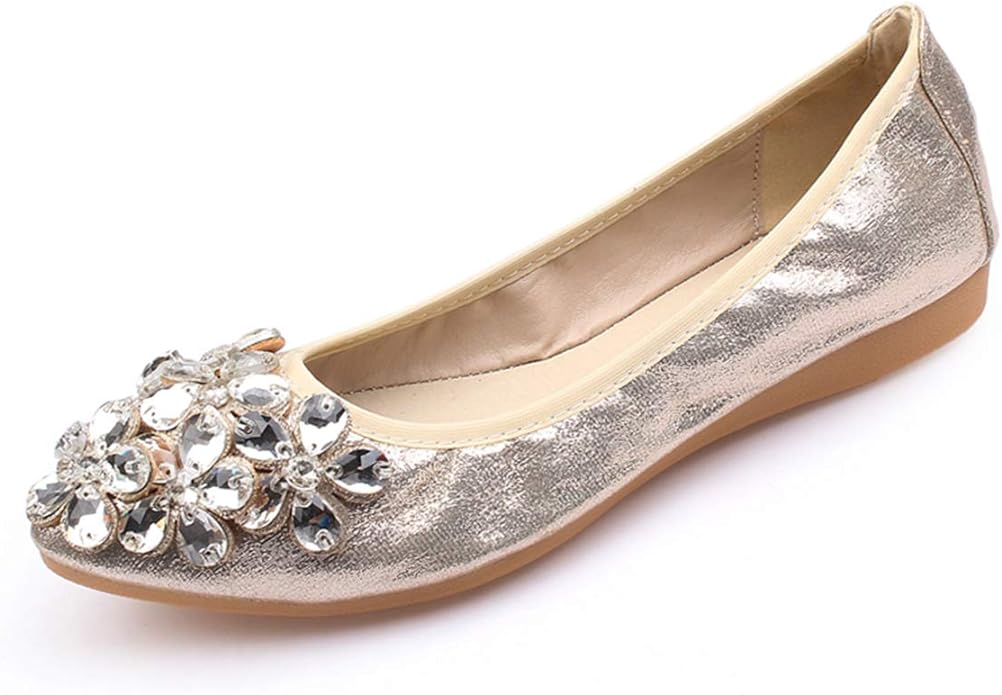 Lauthen.S Women Foldable Ballet Flats, Pointed Toe Wedding Rhinestone Slip on Flat Shoes
