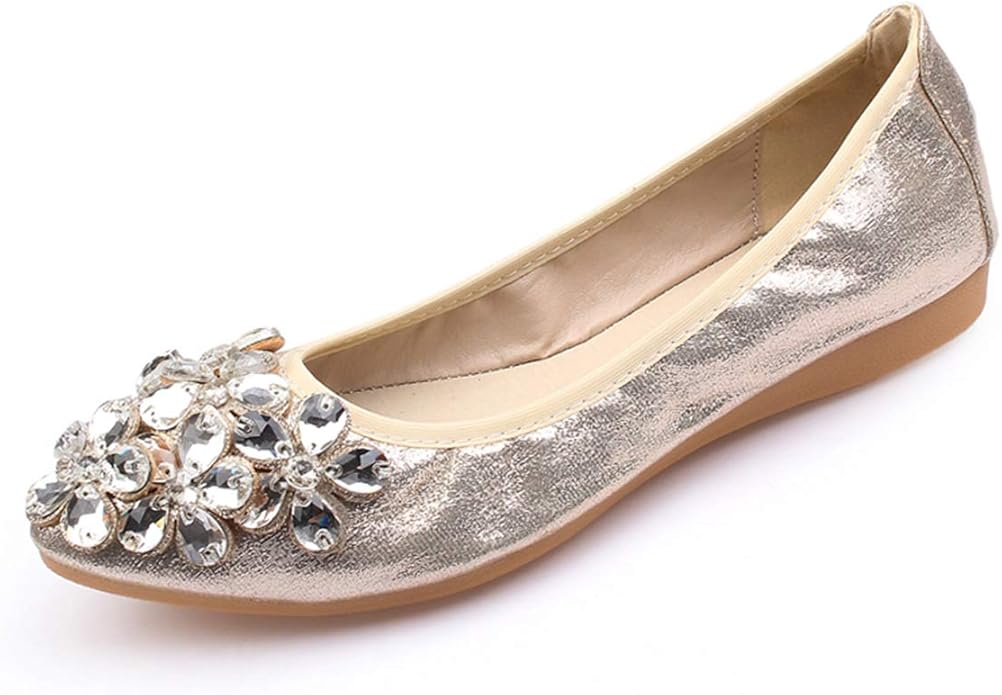 Lauthen.S Women Foldable Ballet Flats, Pointed Toe Wedding Rhinestone Slip on Flat Shoes