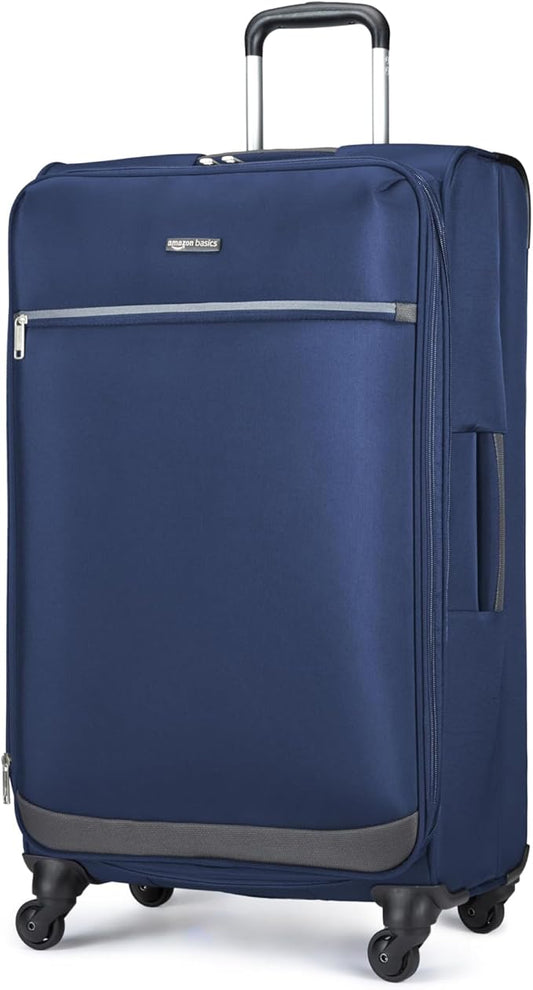 Amazon Basics 28" Large Checked Softside Expandable Suitcase with 360-Degree Multi-directional Spinner Wheels, Zippered Pockets, Telescoping Handle, Spacious, Navy Blue
