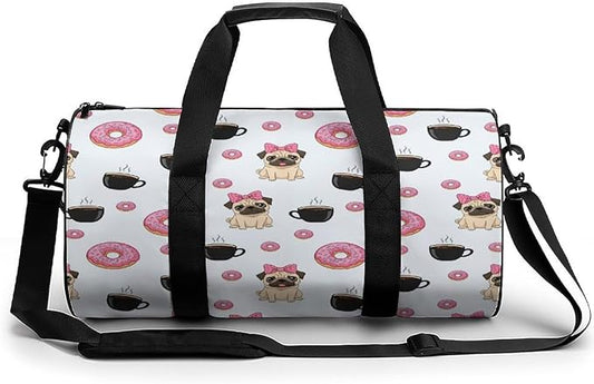 Weekender Carry on Beach Yoga Overnight Luggage Bag Gym Sports Travel Workout Bag Overnight Bags (Funny Dogs Pug Puppies Pattern Donut Coffee)