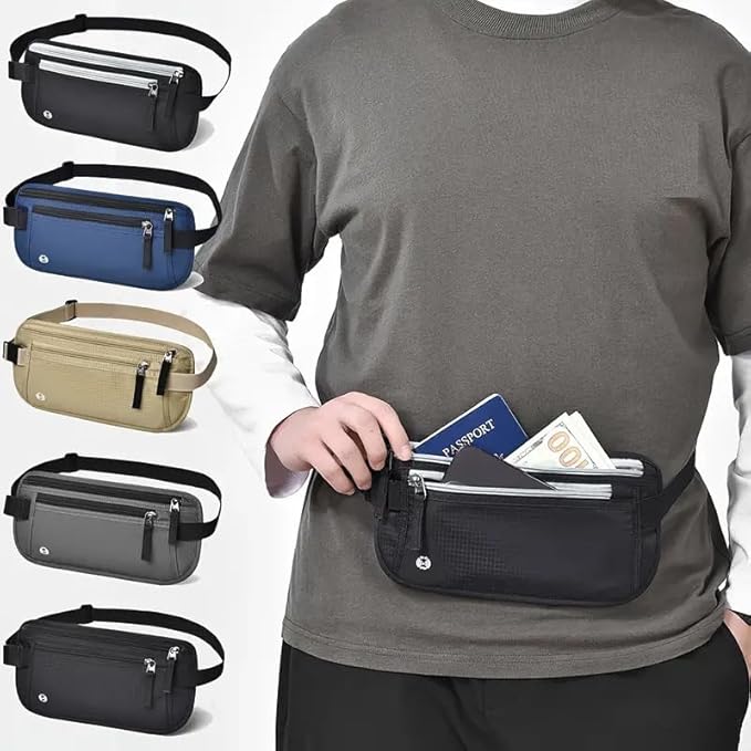 Travel Money Belt RFID Blocking - Slim Anti-Theft Passport Holder Pouch for Men & Women,Adjustable Waist Wallet with Secure Zipper (Grey)