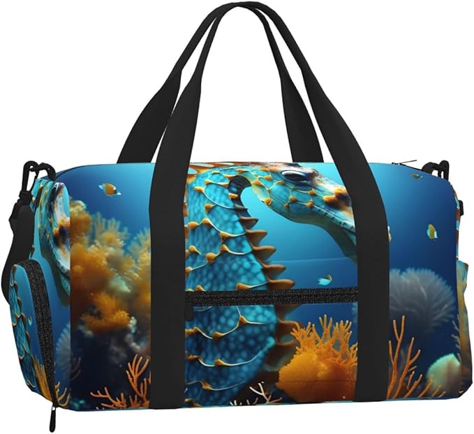 Blue Seahorse Print Gym Bag with Shoe Compartment for Women Men, 17.7in Sports Duffle Weekender Tote, Overnight Travel Duffel Bag Carry On