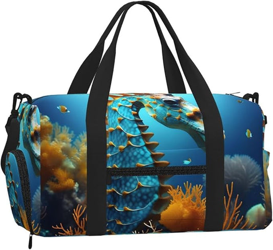 Blue Seahorse Print Gym Bag with Shoe Compartment for Women Men, 17.7in Sports Duffle Weekender Tote, Overnight Travel Duffel Bag Carry On