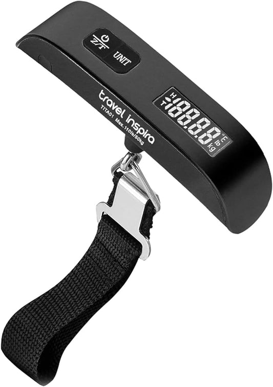 travel inspira Luggage Scale, Portable Digital Hanging Baggage Scale for Travel, Suitcase Weight Scale with Rubber Paint, 110 Pounds, Battery Included