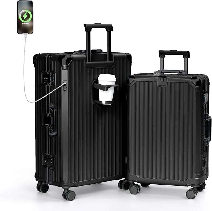 Krute No Zipper Luggage Set 2 Pieces Aluminum Frame PC Hard Shell Zipperless Suitcase Set With Wheels TSA Lock Carry On Luggage and Checked Suitcases