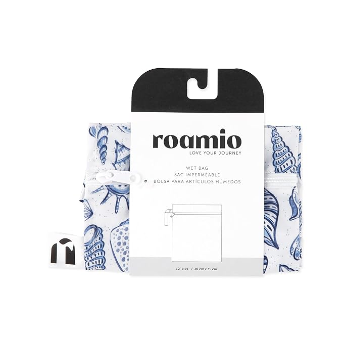 Bumkins Roamio Waterproof Wet Bag for Baby, Travel, Swim Suit, Cloth Diapers, Pump Parts, Pool, Beach, Gym Clothes, Toiletry, Hook to Stroller, Daycare, Zip Reusable Wetdry Packing Pouch, Blue Shells