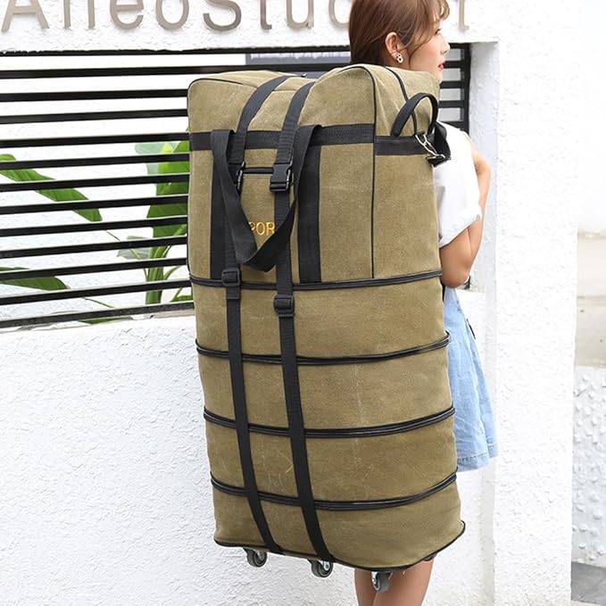 Expandable Extra Large Travel Canvas Duffel Bag with Wheels Lightweight Traveling Foldable Suitcase (Yellow Canvas, XL - 6 wheels)