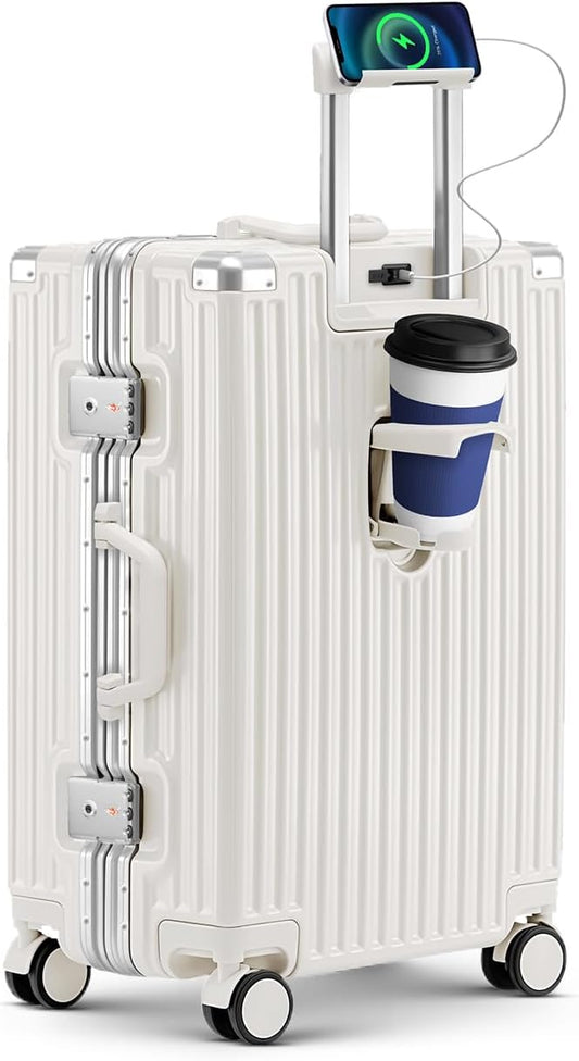 20 Inch Carry On Suitcase, Aluminum Frame Zipperless Hard Shell Luggage with Spinner Wheels, TSA Lock, USB Charging Port, Phone Holder, Cup Holder for Business Travel and Trips, White