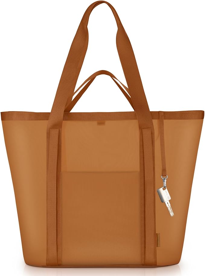 Mesh Beach Bag for Women - Sandproof Beach Tote, Large swim bag, Vacation Essentials for Family,Pool,Cruise,Gym (Camel)