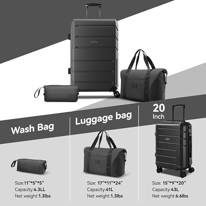 Hoteel Luggage Sets 3 Piece Expandable (4-YEARS WARRANTY) ABS+PC Hardshell Carry On Luggage Airline, Carry on Suitcase with Spinner Wheels & TSA Lock for Travel, Business, Black (20in/DB/TB)