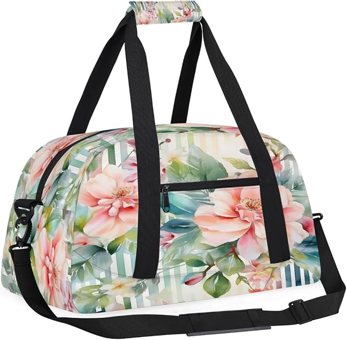 Travel Duffle Bag, Peach Floral Stripe Watercolor Waterproof Weekender Overnight Bags for Women Men Lightweight Carry on Duffle Gym Bag for Travel, Sports, Fitness, Workout