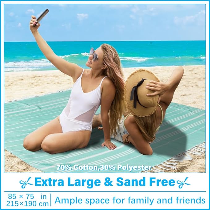 Oversized Turkish Beach Towel Blanket XXL Cotton Sandproof Towels Boho Woven Extra Large Big Sand Free Giant Throw Blankets Huge Quilt XL Picnic Camping Necessities Cloud For Adult Gifts Aqua