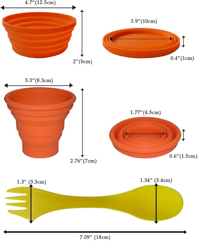 Ecoart Silicone Collapsible Bowl Cup Set with Spork for Outdoor Camping Hiking Travel - Set of 3