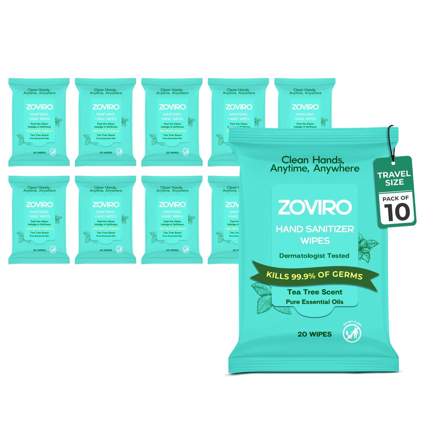 Zoviro Hand Sanitizer Wipes, Moisturizing With Tea Tree Essential Oil, Ultra-Soft 100% Viscose, Hand Wipes Travel Size, Tea Tree Scent, 20 Count (Pack of 10)