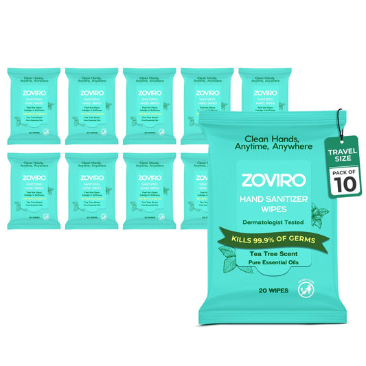 Zoviro Hand Sanitizer Wipes, Moisturizing With Tea Tree Essential Oil, Ultra-Soft 100% Viscose, Hand Wipes Travel Size, Tea Tree Scent, 20 Count (Pack of 10)