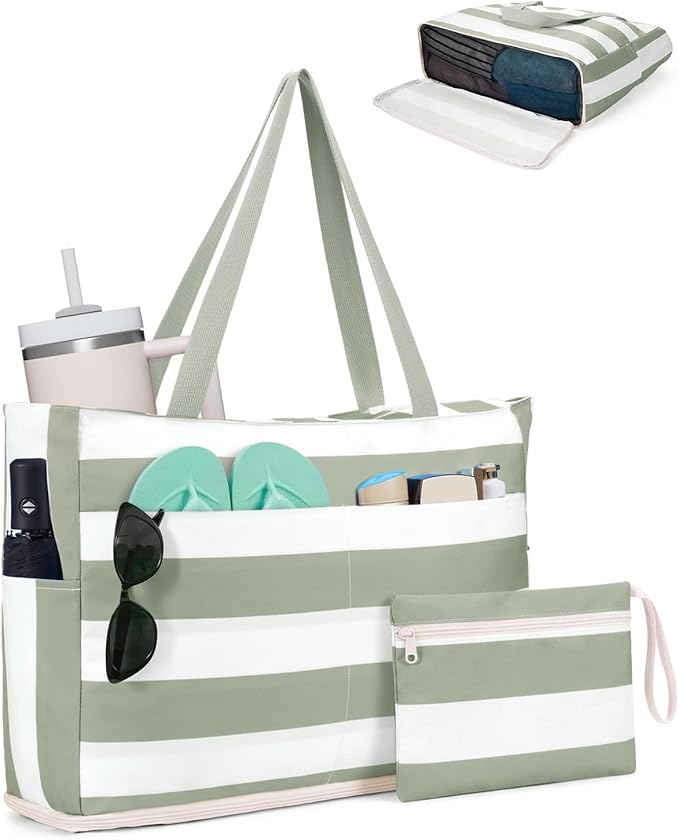 WANDF Beach Bags for Women, Large Waterproof Sandproof Beach Tote Bag with Zipper Family Pool Bags with 40oz Tumbler Pocket, Swim Cruise Vacation Essentials (Green) | 40oz Tumbler Pocket