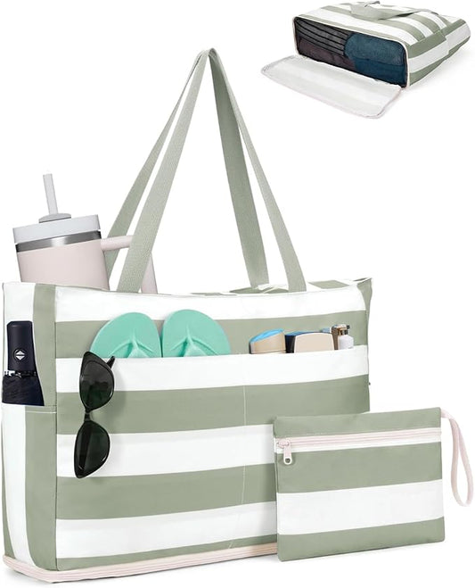WANDF Beach Bags for Women, Large Waterproof Sandproof Beach Tote Bag with Zipper Family Pool Bags with 40oz Tumbler Pocket, Swim Cruise Vacation Essentials (Green) | 40oz Tumbler Pocket