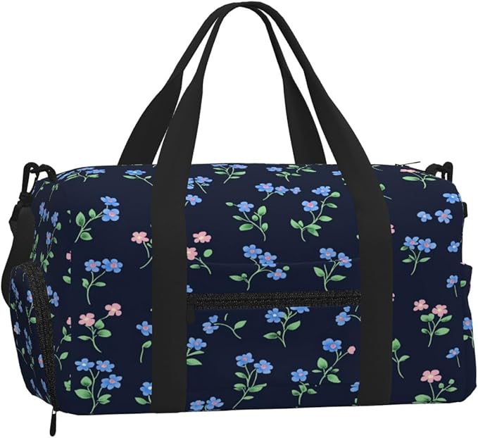 Sports Gym Bag Blue Pink Wild Flowers Travel Duffel Bag With Shoe Compartment Shoulder Strap, Lightweight Water-Resistant Weekend Overnight Totes For Women Men