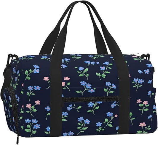 Sports Gym Bag Blue Pink Wild Flowers Travel Duffel Bag With Shoe Compartment Shoulder Strap, Lightweight Water-Resistant Weekend Overnight Totes For Women Men