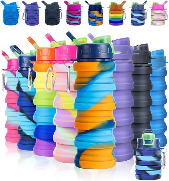 Collapsible Silicone Water Bottles 2 Pack - 500ml Portable Expandable Sport Bottle with Carabiner for Travel & Camping (Yellow Camouflage + Rose Red)