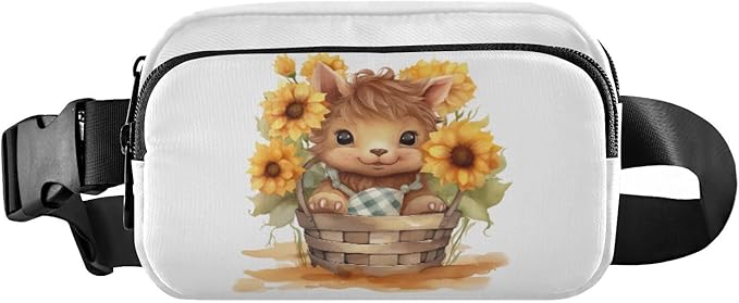 Kawaii Highland Cow Sunflowers Basket Fanny Pack for Women Men Water Resistant Fashion Waist Packs with Adjustable Strap Belt Bag for Travel Workout Jogging Hiking 21218104