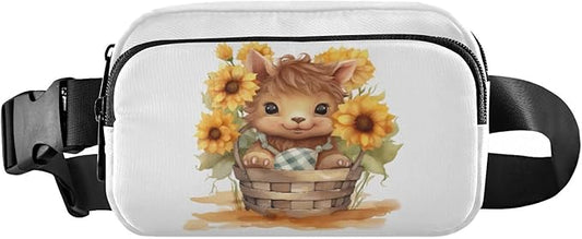 Kawaii Highland Cow Sunflowers Basket Fanny Pack for Women Men Water Resistant Fashion Waist Packs with Adjustable Strap Belt Bag for Travel Workout Jogging Hiking 21218104