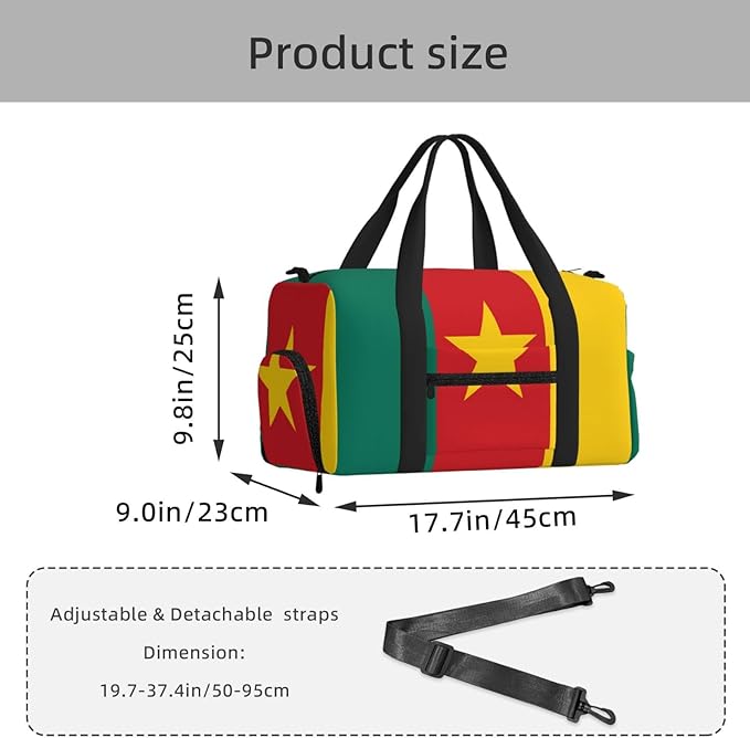 Flag of Cameroon Print Gym Bag with Shoe Compartment for Women Men, 17.7in Sports Duffle Weekender Tote, Overnight Travel Duffel Bag Carry On