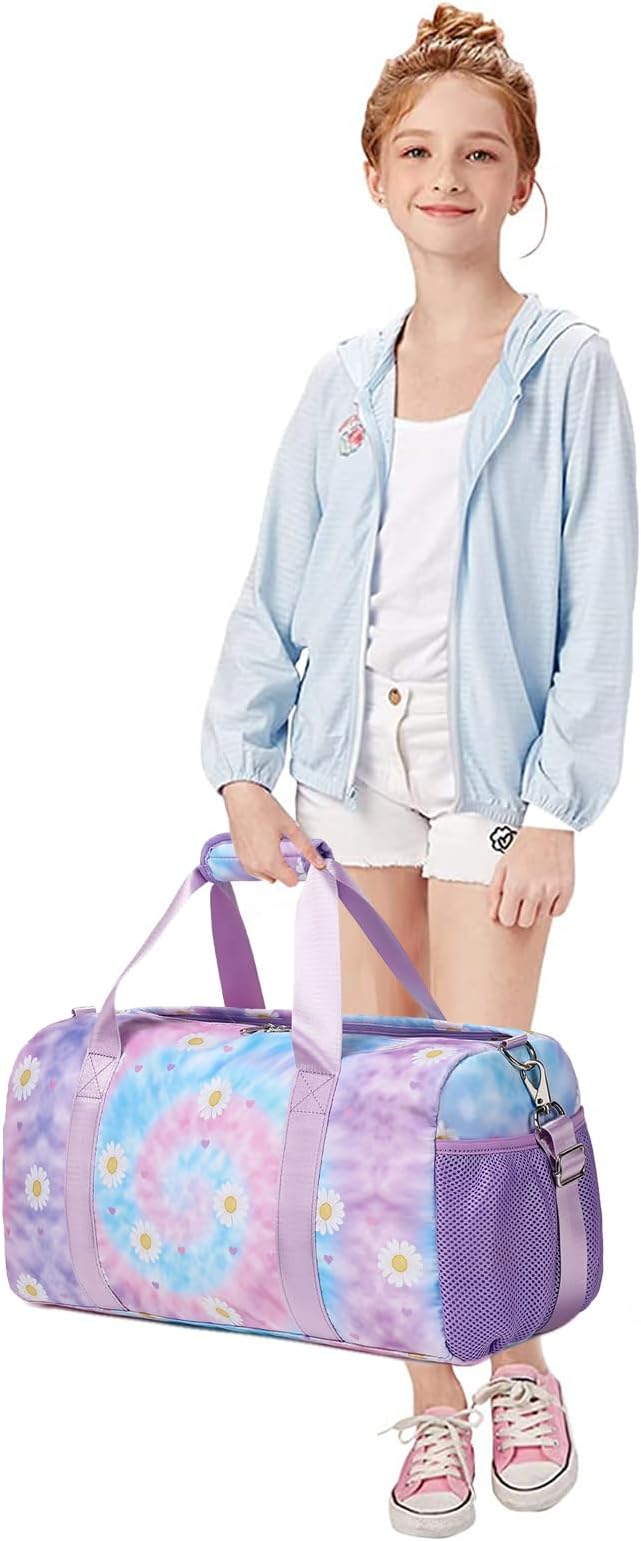 Dance Bag for Girls Sports Duffle Weekender Overnight Ballet Sports Gym Bag with Shoes Compartment (Tie Dye Daisy Purple)